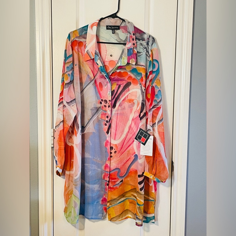 NWT Claire Desjardins Sheer Art To Wear Abstract Tunic Top button down 3x